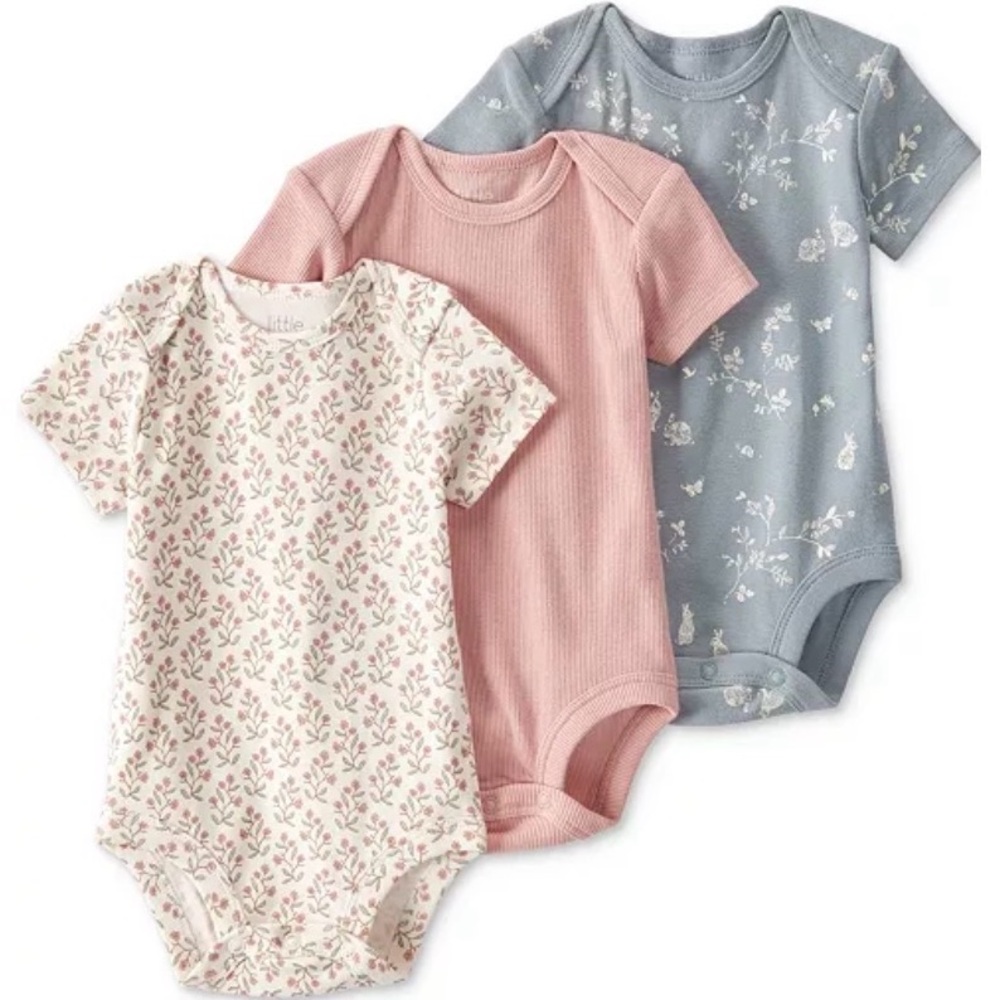 Carter's Floral and Solid Bodysuit Trio - Pink, Cream, Blue